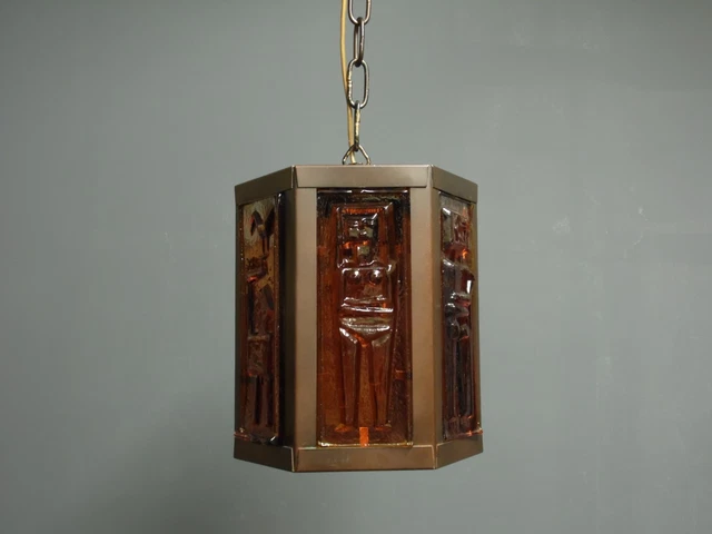 Vintage 1950s/1960s Erik Hoglund Boda glass panels copper lantern ceiling light