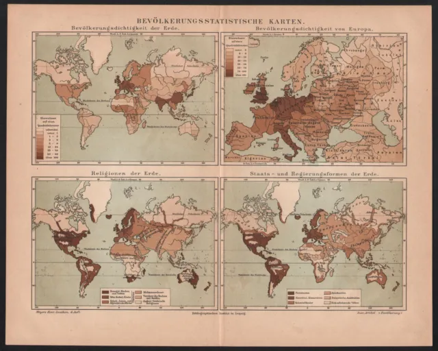 Antique map. THE WORLD POPULATION DENSITY MAP. WORLD RELIGIONS etc.  Circa 1885