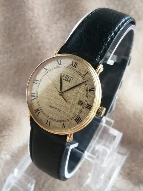 Montre Homme Vintage Watch 1980 FRED Paris Suisse Luxe Cuir Plaqué OR Quartz