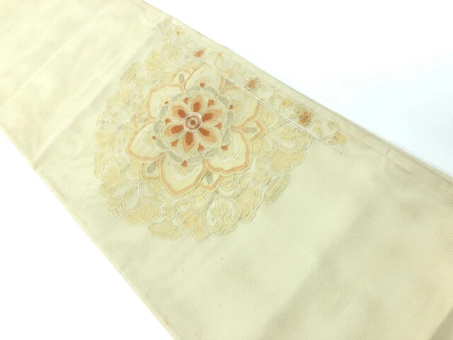 6692026: Japanese Kimono / Antique Summer Fukuro Obi / Embroidery / Floral Crest