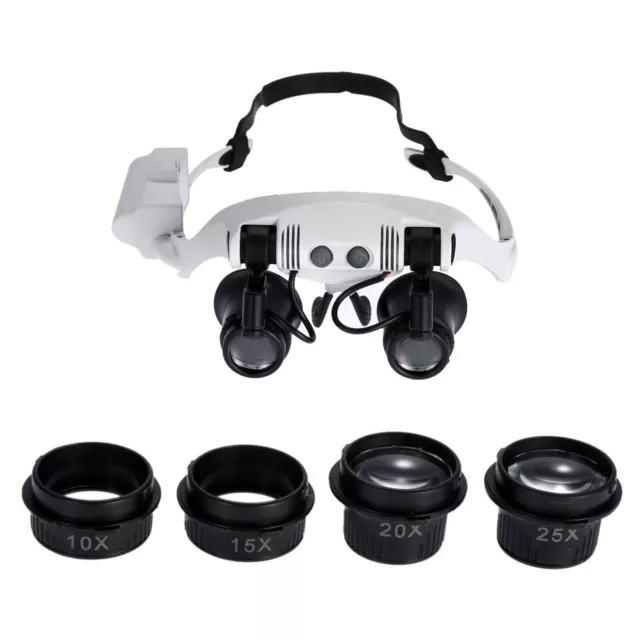 10X 15X 20X 25X Dual Eye 8-Lens Jewelry Watch LED Light Headband Magnifier Loupe