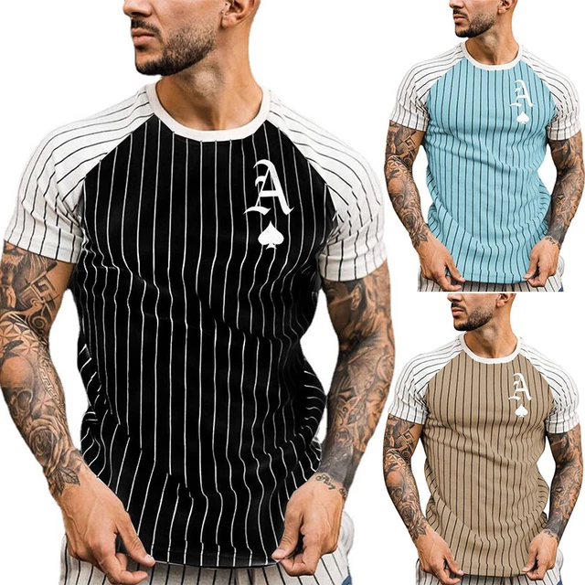 Men Short Sleeve Striped T Shirt Casual Crew Neck Slim Fit Muscle Tee Tops Tunic