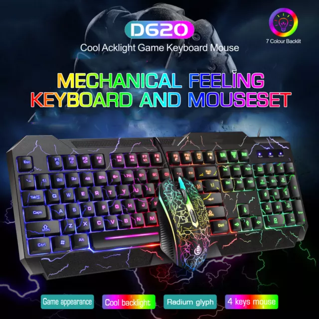 LED Gaming Keyboard + Mouse Backlight RGB Colour Back Light Up Rainbow PC Laptop