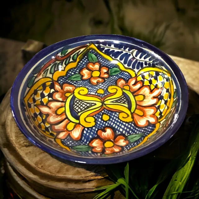 Vintage Talavera Style Mexican Pottery 8in Dish Artist Signed Folk Art