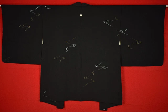 Vintage Japanese Kimono Silk Antique BORO Black HAORI Kusakizome Woven/B262/545