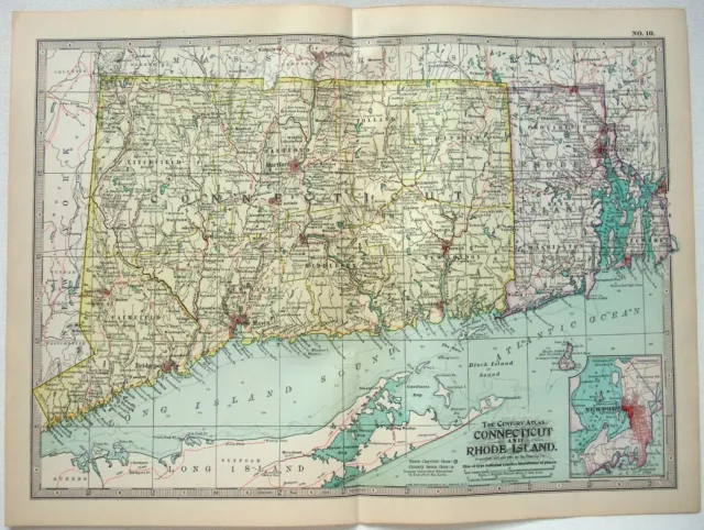 Connecticut & Rhode Island - Original 1902 Map by The Century Company, Antique