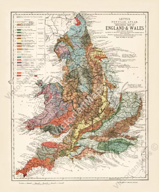 Geological map England & Wales H Bristow 1883 Victorian geology art print poster