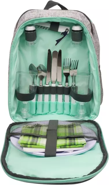 Picnic Backpack for 2 Person with Insulated Leakproof Cooler Bag and Cutlery Set