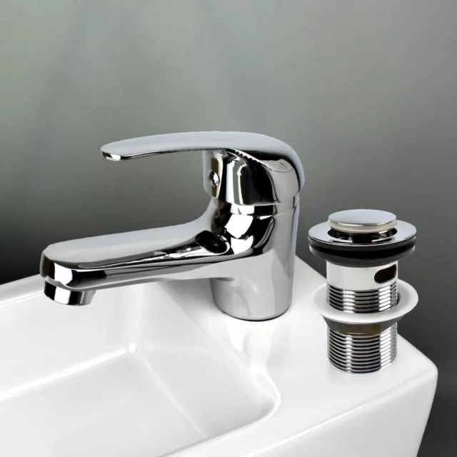 Cloakroom Basin Mixer Tap + Slotted / Unslotted Waste - Chrome Single Mono Lever