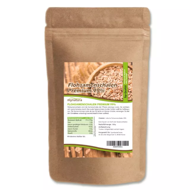 Mynatura Premium Qualität Flohsamenschalen 99% Reinheit, 1kg Beutel Vegan Natur