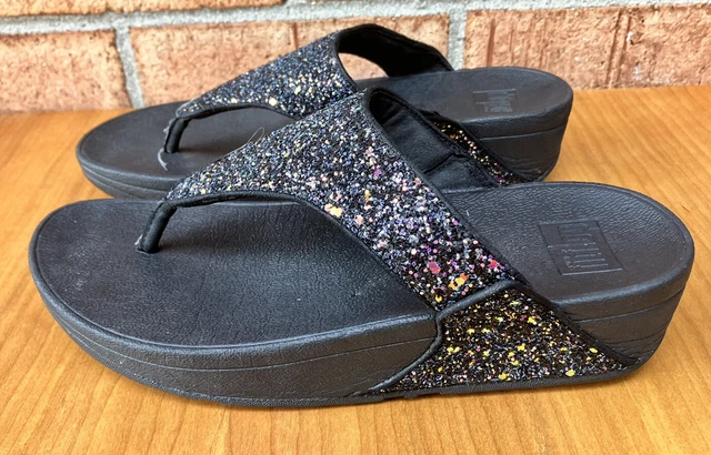 Fitflop  Size 7 Lulu black sparkle crystal wedge flip flops woman's thong