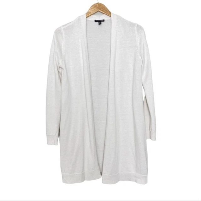 Eileen Fisher White Knit Longline Coastal Organic Linen Open Cardigan Size XS