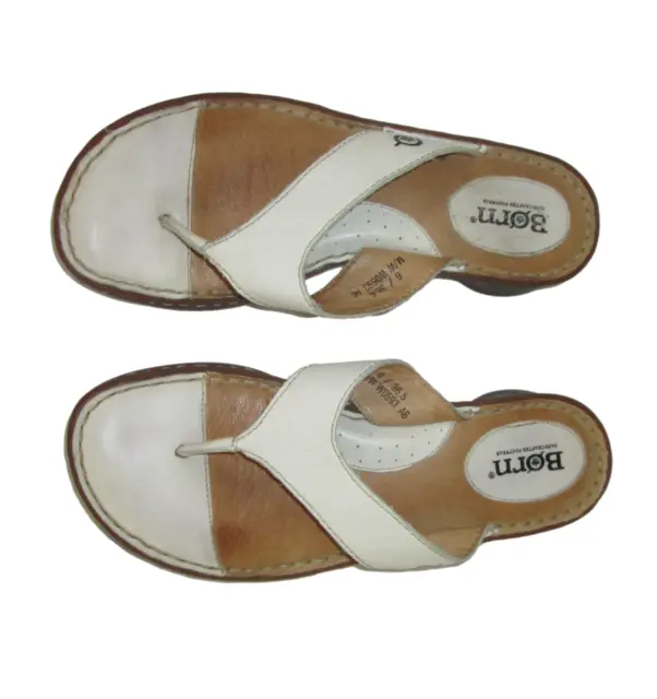Born Slide Sandals Thong Ivory Leather Comfort Womens Size 6 36.5 Classic Heeled