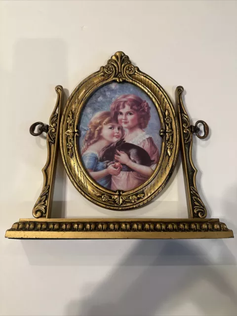 Vtg Victorian Ornate Oval Swivel Tilt Picture Frame Girls Sisters Picture READ 3