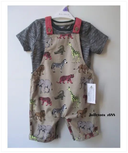 Baby Boys Dungaree Shorts & Top Outfit 0-3m Romper Set Safari Jungle Animals NEW