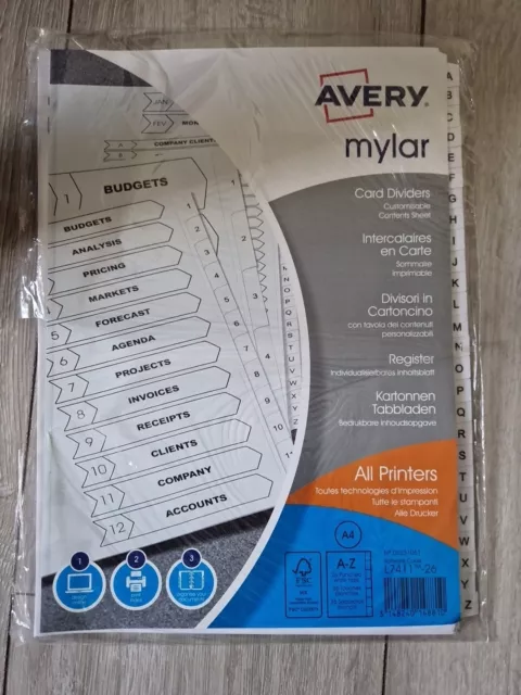 Avery Mylar Divider A-Z A4 Punched 150Gsm White Card With White Mylar