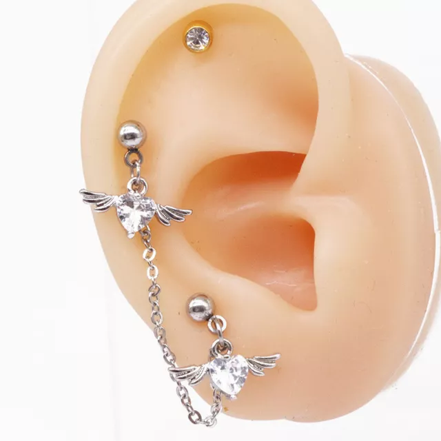 Angel Wing Heart Double Lobe Helix Piercing Earring Chain Cartilage Earring StSA