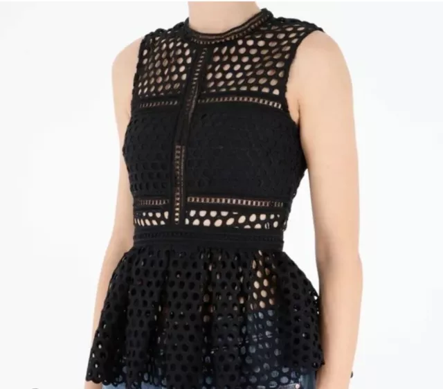 Self-Portrait guipure lace peplum eyelet sheer top black sleeveless 6 M