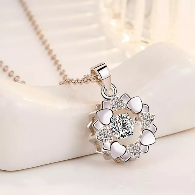 925 Sterling Silver Cute Love Heart Ring Moving CZ Crystal Pendant Necklace Gift