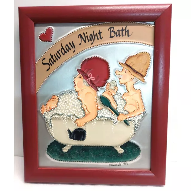 Vntg Folk Art Bathroom Wall Decor "Saturday Night Bath" Senior Couple in Bath