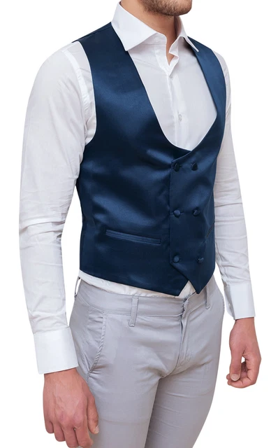 Gilet Panciotto Uomo Blu Doppio Petto In Nylon Raso Lucido Slim Fit