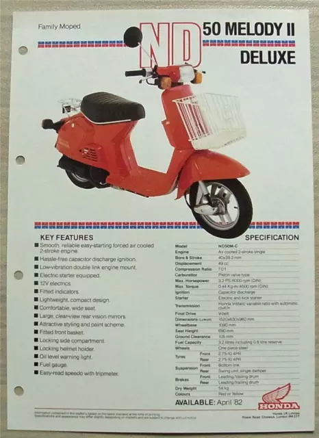 HONDA ND50 MELODY II DELUXE MOPED Sales Specification Leaflet April 1982