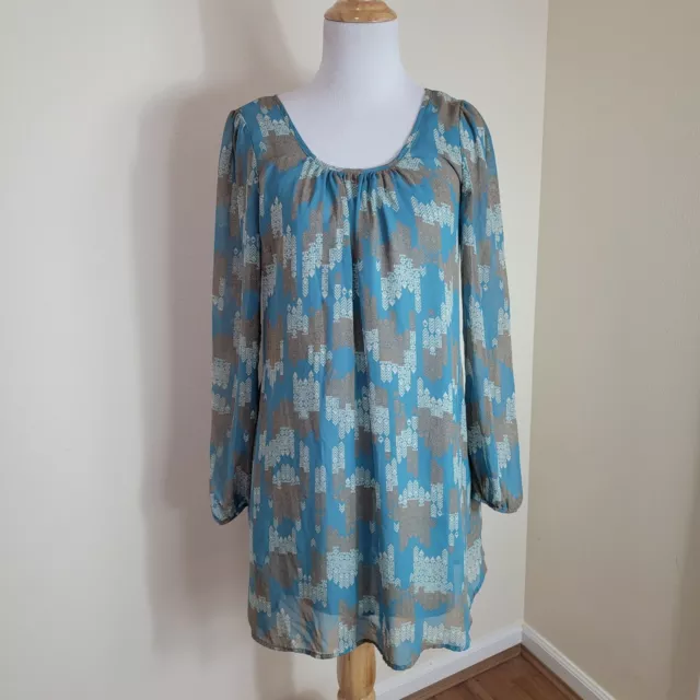 Everly Women's Blue Long Sleeve Shift Dress Size Small Layered Aztec Pattern