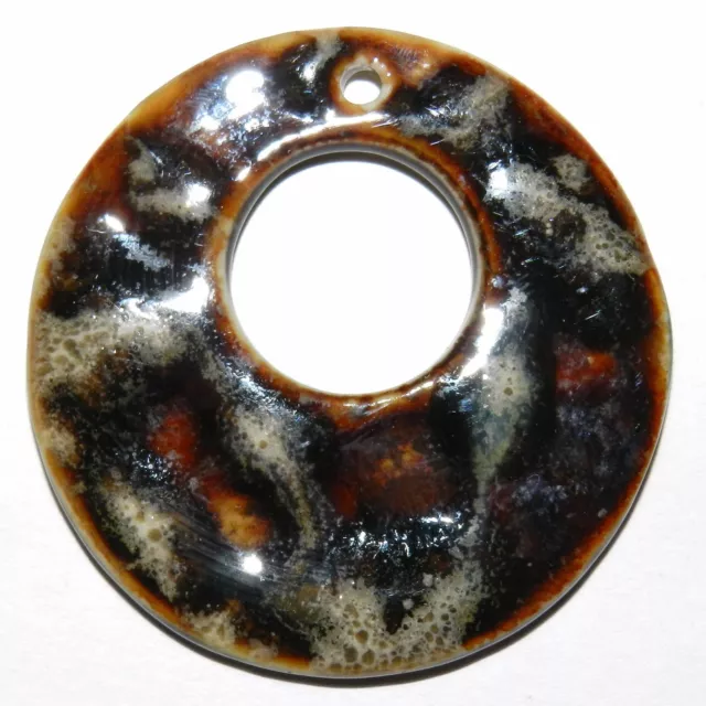 P2186 Marbled Glaze Light & Dark Brown 46mm Round Donut Porcelain Focal Pendant