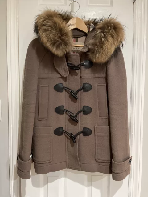 Burberry Brit 100% Wool Coat Peacoat Detachable Fur Hood Women Size 8 Dark Khaki