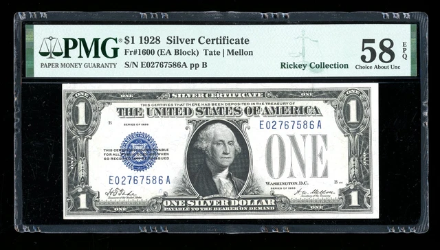DBR 1928 $1 Silver Fr. 1600 EA Block PMG 58 EPQ Serial E02767586A