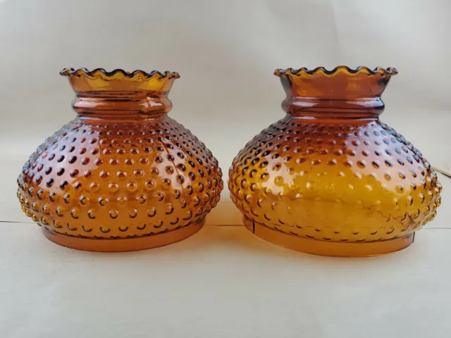 2 Vintage Aladdin GWTW 7" Fitter Quilted Amber Glass Hurricane Oil Lamp Shade