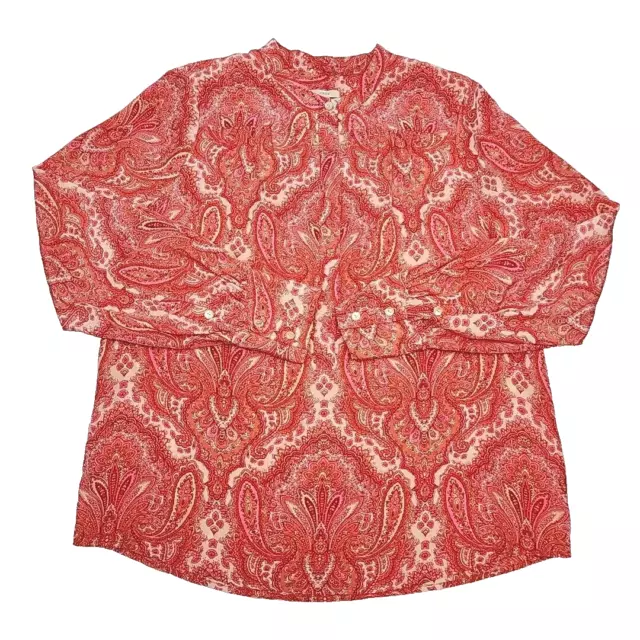 J Crew Silk Blouse Shirt Pink Orange Paisley Tunic Popover Long Sleeve Size 14