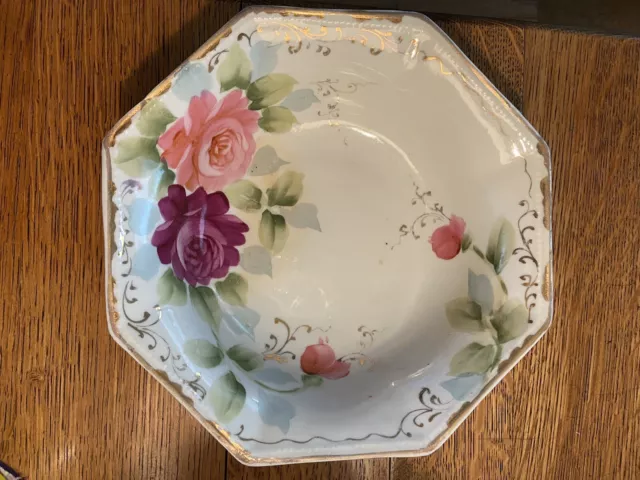 Antique Unmarked NIPPON Hand Painted Porcelain 9” Serving Bowl Flowers Pink