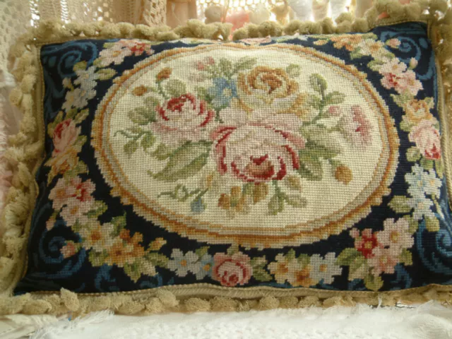 20" French Aubusson Design Vtg. Country Shabby Chic Needlepoint Pillow Cushion