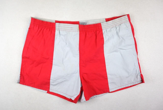 VINTAGE 70s MEN'S RED GRAY SWIM TRUNKS - B.S.R. - SIZE L