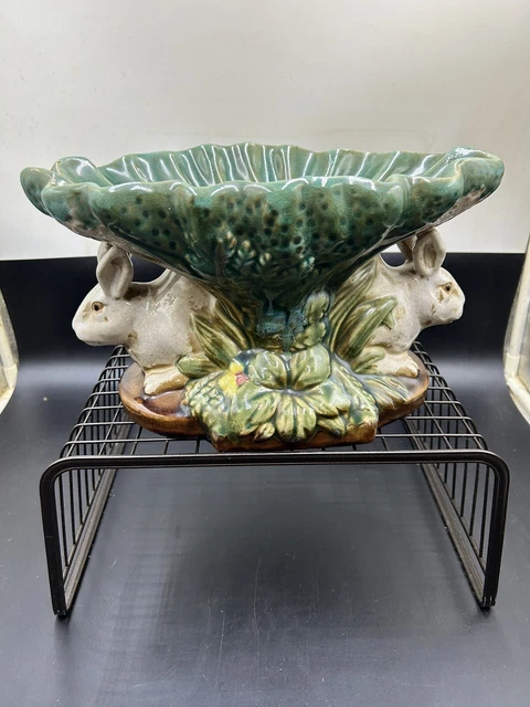 Vintage Double Rabbit Pedestal Centerpiece Bowl Compote ~ Majolica Style Pottery
