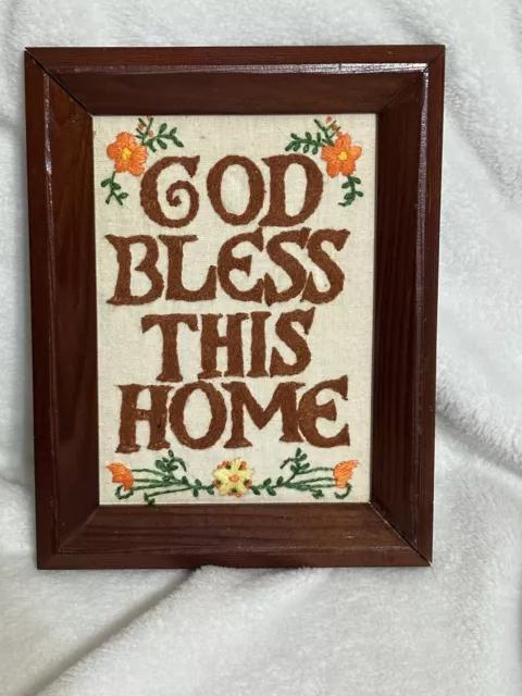 Vintage Crewel Embroidered Needlepoint/Art Work - God Bless This Home-1970s