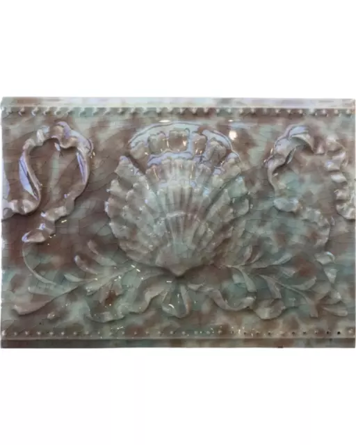Antique Shell Seashell Glazed Ceramic Fireplace Tile w/Scallop Ribbon Decor