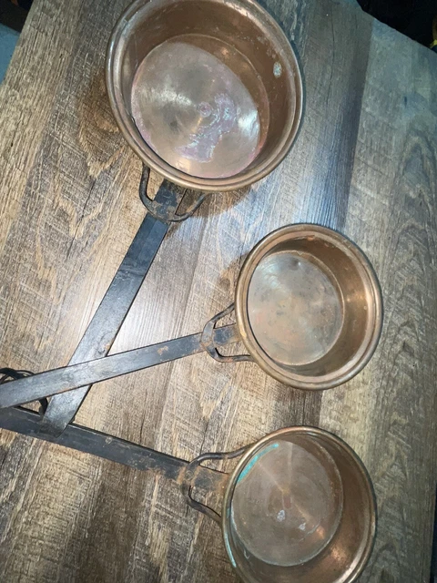 19th Century Antique Hand Forged Copper Pans Set Of 3 Handmade Primitive