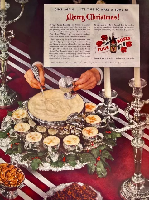 c1940s~Four Roses Whiskey~Egg Nog Punch Bowl~Christmas~Liquor~Vintage Print Ad