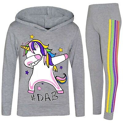 Kids Girls Unicorn Rainbow Xmas Tracksuit #Dab Floss Grey Top Legging Set