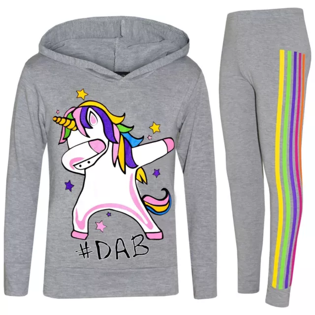 Kids Girls Unicorn Rainbow Xmas Tracksuit #Dab Floss Grey Top Legging Set 7-13