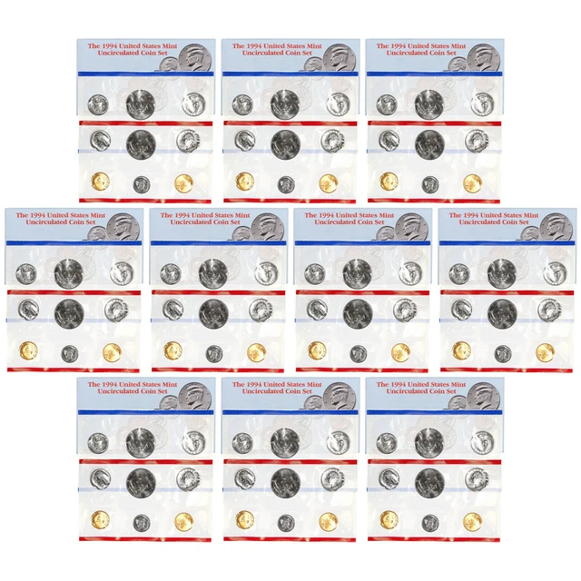 1994 Mint Set 10 Pack Original Envelopes 100 US Coin Lot