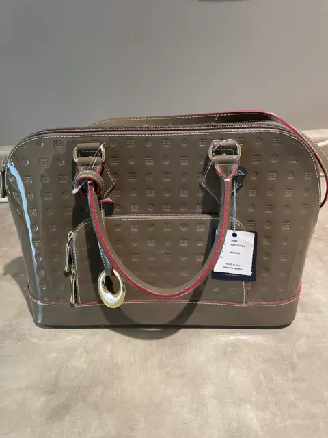 Arcadia Italian Designer Gray Patent Leather Top Zip Dome Satchel Bag