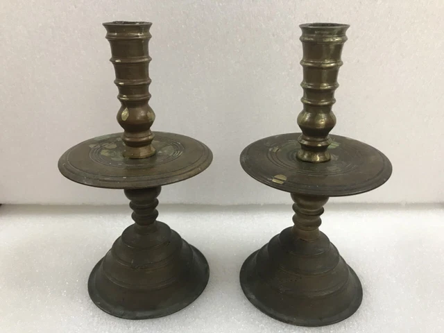 Fine Antique Old Bronze Pair Of Candlestick Candle Holder 19th