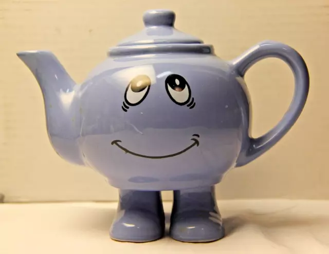 Cartoon Blue Smiling Happy Face Expression Ceramic Teapot With Legs Hand Painted