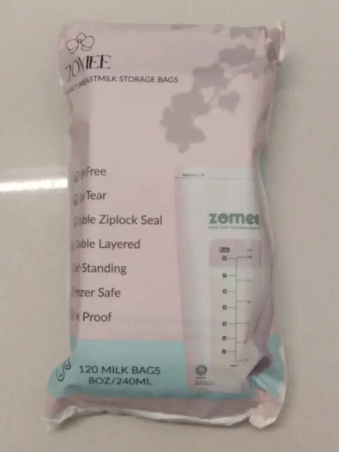 Zomee Breast Milk Storage Bags 120 CT 8 Oz BPA Free Freezer Safe Leak Proof