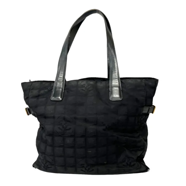 CHANEL BLACK POLYESTER Leather Trim Tote Shoulder Bag Handbag
