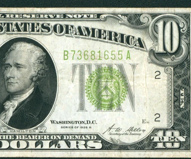 $10 1928 B Lgs Lime (( Light Green Seal )) ** Daily Currency Auctions
