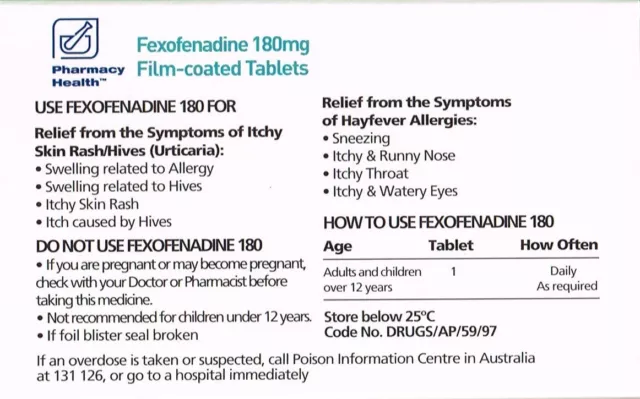 Ph Fexofenadine 180Mg 30 Tablets  Hayfever&Allergy Relief Same As Telfast 2